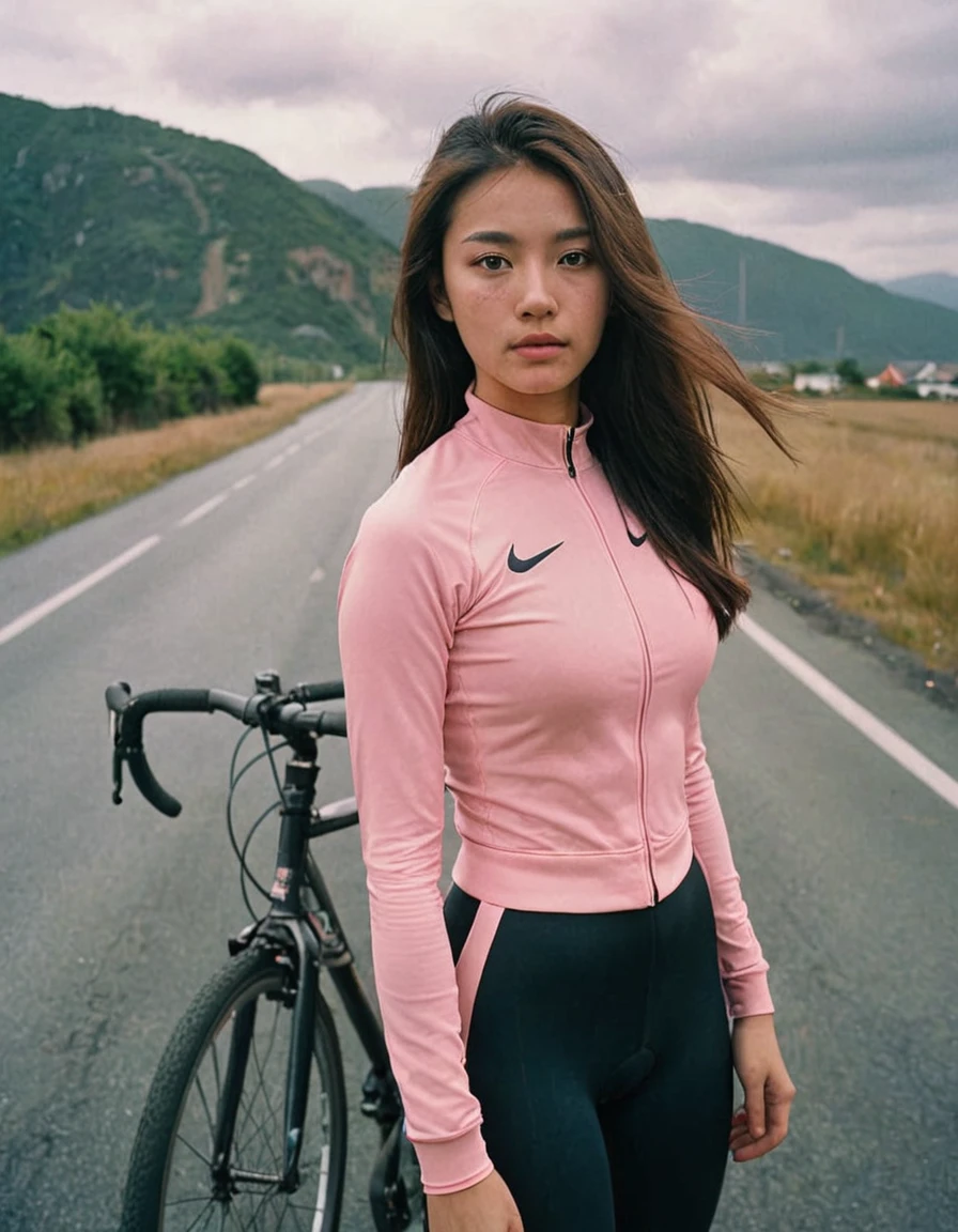 girl MagMix, big breasts, Analog film photography, codachrome, long hair, wearing a black tracksuit from Nike, standing on an empty road, Cloudy sky, the girl in the photo is from the waist up, Standing on the right, a black and pink road bike stands next to it, which is not completely visible, waist-sized bike, mountains are visible in the background, girl holding a bicycle with one hand, big size bike 