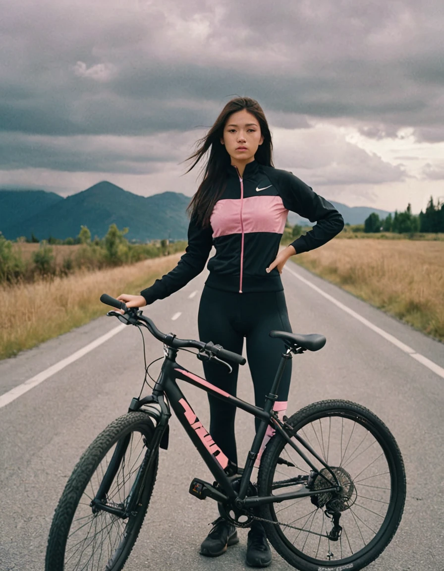 girl MagMix, big breasts, Analog film photography, codachrome, long hair, wearing a black tracksuit from Nike, standing on an empty road, Cloudy sky, the girl in the photo is from the waist up, Standing on the right, a black and pink road bike stands next to it, which is not completely visible, waist-sized bike, mountains are visible in the background, girl holding a bicycle with one hand, big size bike 