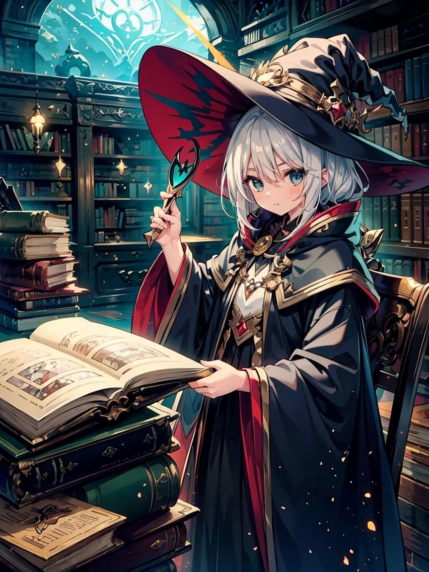 (masterpiece), best quality, Very detailed, A Magus girl with white hair holdding a magical sickle, Witch Hat, Huge Horn, Ruffled skirt, Red and black clothing, sickle, Magic Light, 背景是library ,library