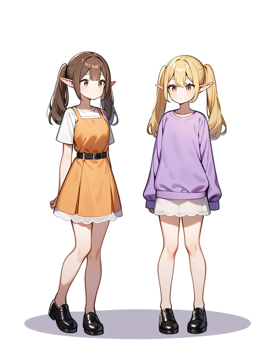 girl, Brown hair, two ponytails in hair, Brown eyes, White T-shirt, orange sundress, black shoes, Black Belt, Short skirt, white lace at the end of the skirt, White background, full height, calm, 2girl, blonde hair, elf, purple sweatshirt,