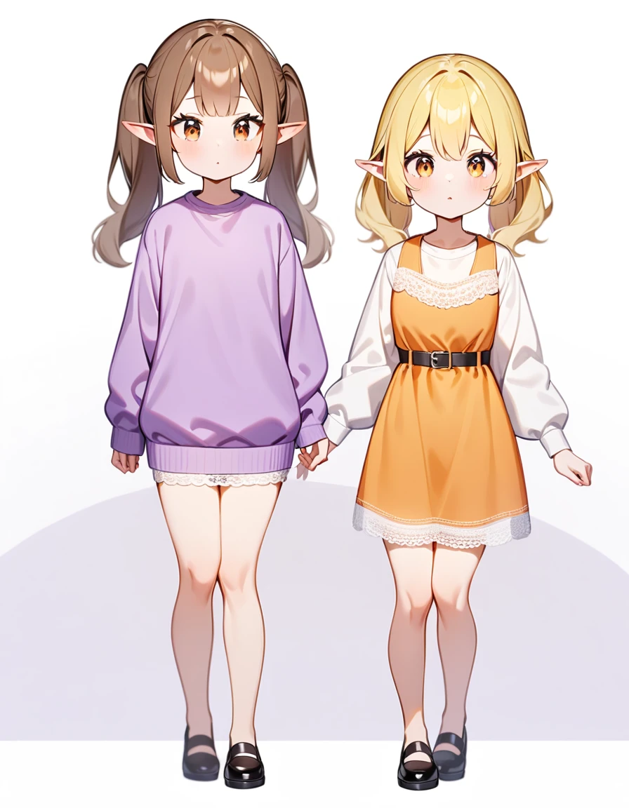 girl, Brown hair, two ponytails in hair, Brown eyes, White T-shirt, orange sundress, black shoes, Black Belt, Short skirt, white lace at the end of the skirt, White background, full height, calm, 2girl, blonde hair, elf, purple sweatshirt,