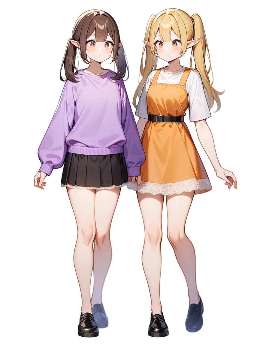 girl, Brown hair, two ponytails in hair, Brown eyes, White T-shirt, orange sundress, black shoes, Black Belt, Short skirt, white lace at the end of the skirt, White background, full height, calm, 2girl, blonde hair, elf, purple sweatshirt,