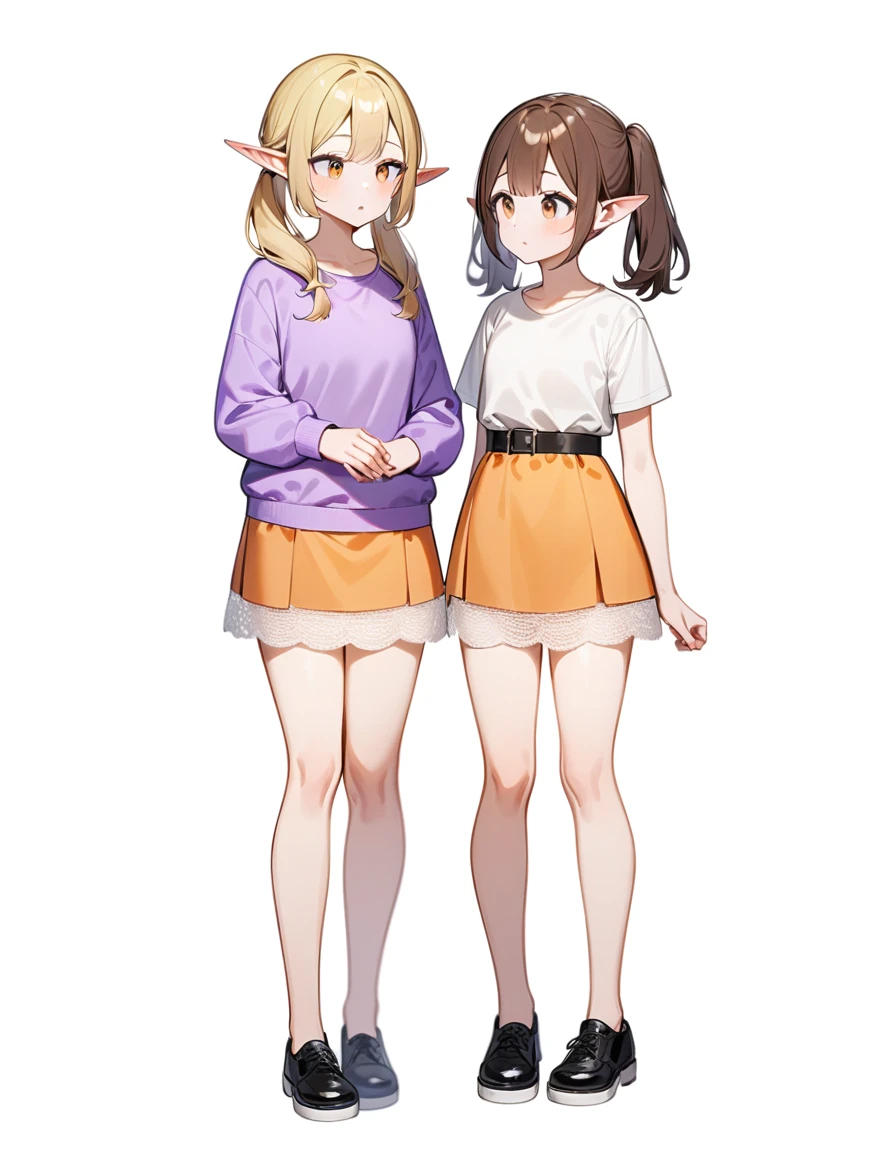 girl, Brown hair, two ponytails in hair, Brown eyes, White T-shirt, orange sundress, black shoes, Black Belt, Short skirt, white lace at the end of the skirt, White background, full height, calm, 2girl, blonde hair, elf, purple sweatshirt,
