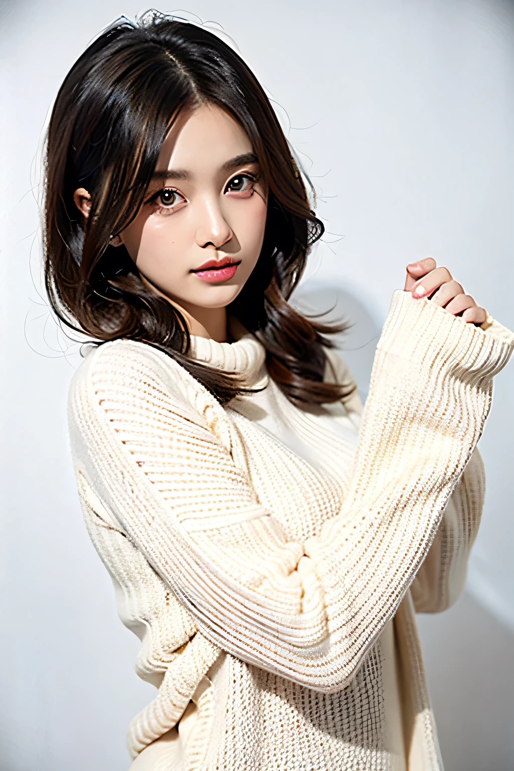 1 Girl,sweater,White background,chat，Before the live broadcast