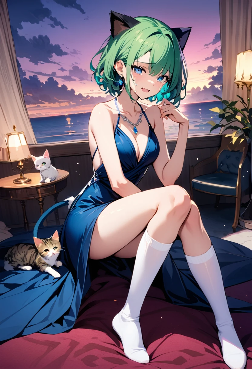 masterpiece, Highest quality, Illustrations for novels, High resolution, 18+ Adult content, Sensual, Intimate, Emotional, Passionate, romantic, sweet, Adorable, Innocent, Pure, Enchanting, Enchantingな, attractive, mysterious, Enchantingな, Enchanting, Immersive, Enchantingな, dream-like, Surreal, Imaginative, Whimsical, Artistic, Avant-garde, timeless, elegant, Sophisticated, chic, Sophisticated, Individuality, original, Enchantingな,One girl,Deltamon_beta, alone, blue eyes, Knee socks, Animal ears, Bare shoulders, Blue Tail, Earrings,Removable sleeves, Green Hair, No sleeve, Cat ear, bag, white Knee socks, Cat's Tail,pink backpack,Pink school bag,Lavender lace: Lavender Peter Pan collar lace dress, Paired with ivory tights and Mary Jane shoes.,Cherry-blossom viewing, azalea, satsuki, azalea blizzard,
rest ((Avoidance method ((kitten)), Crying face)),((Evening Dress,evening dress,Evening Dresses:1.3))