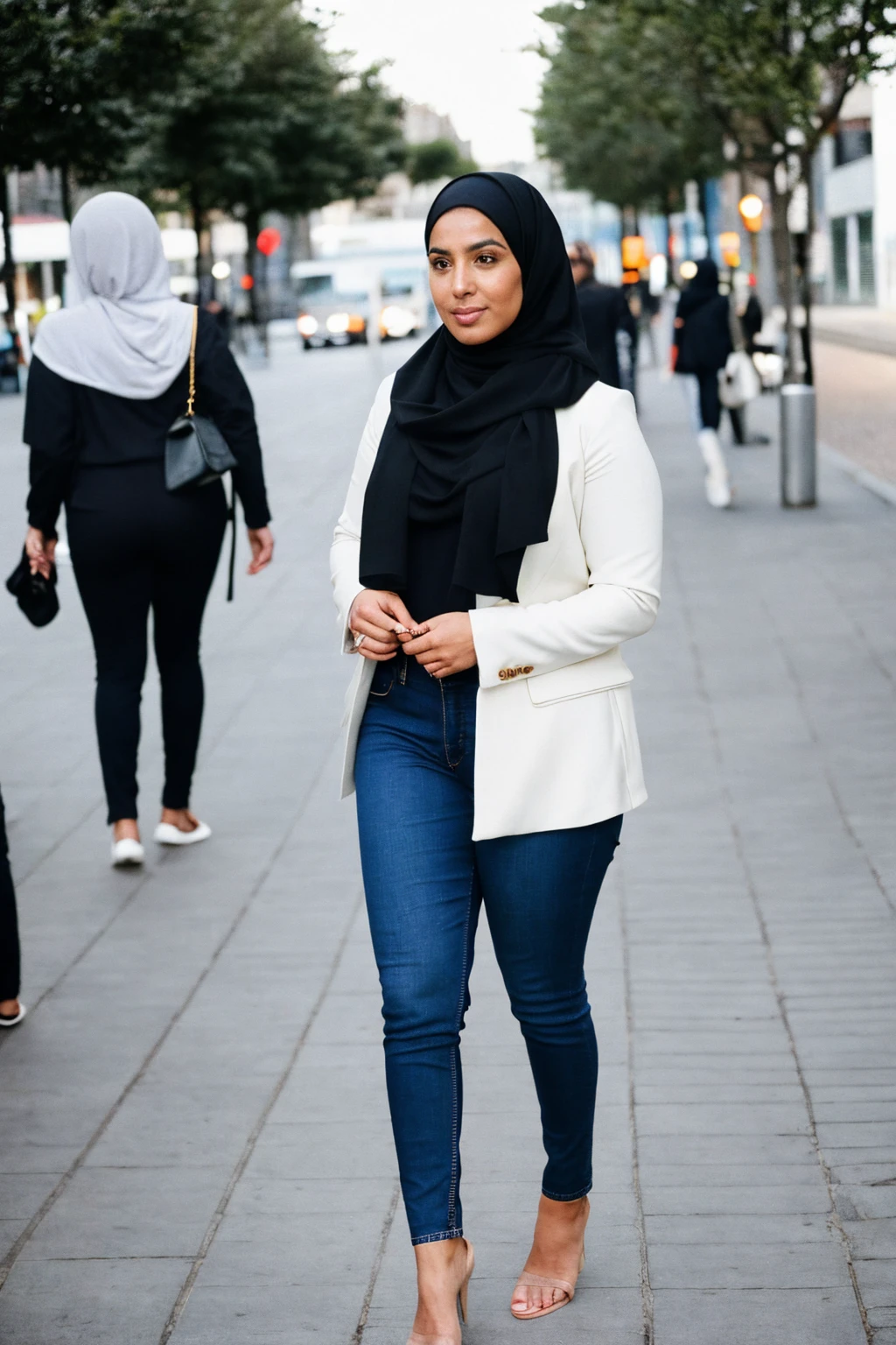 RAW photo,candid photograph, full body,photo of a beautiful,modern,30yo Moroccan woman,black hijab, detailed skin, wearing casual clothing,naked, looking at viewer, thick body structure,standing at Schouwburgplein Rotterdam, candid pose,blue light, film grain, kodak color, instagram LUT