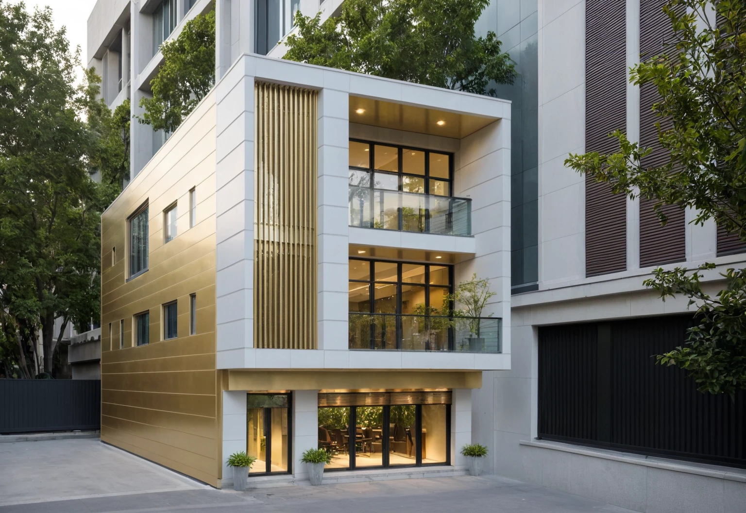 Raw photo,Masterpiece, high quality, best quality, authentic, super detail, modern style, aiaigroup, office building, decorative bars, decorative louvers, sun louvers, aluminum wall cladding, (Gold aluminum paneled facade:1.2), glass railing, outdoors, tree, building, scenery, city, road, real world location, treet, window, balcony, glass railing, on the street, minimalist line, daylight, realistic