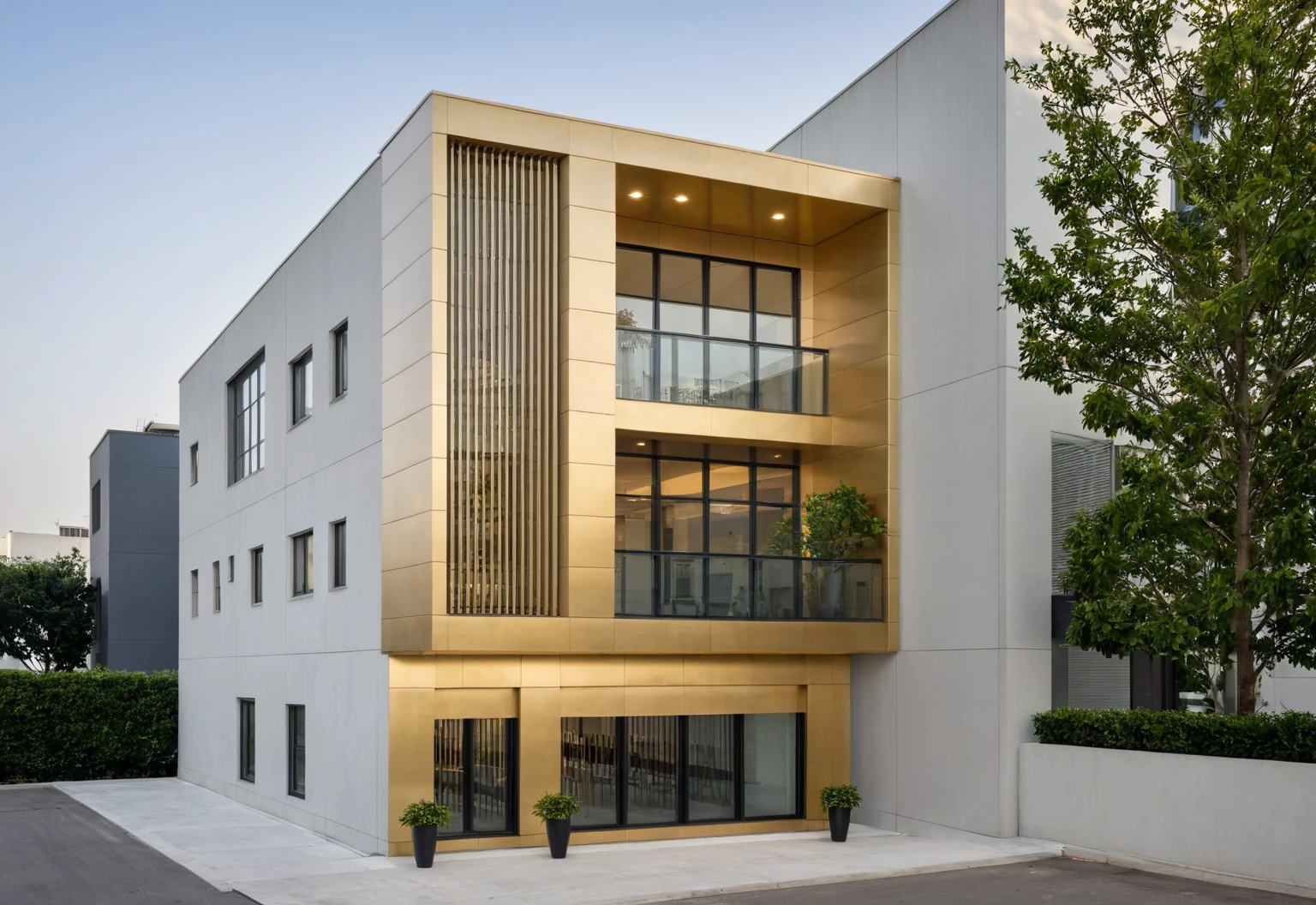 Raw photo,Masterpiece, high quality, best quality, authentic, super detail, modern style, aiaigroup, office building, decorative bars, decorative louvers, sun louvers, aluminum wall cladding, (Gold aluminum paneled facade:1.2), glass railing, outdoors, tree, building, scenery, city, road, real world location, treet, window, balcony, glass railing, on the street, minimalist line, daylight, realistic