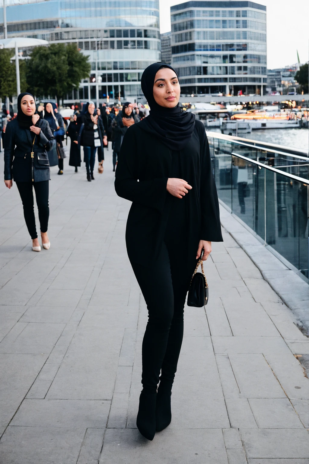 RAW photo,candid photograph, full body,photo of a beautiful,modern,30yo Moroccan woman,black hijab,pale skin, detailed skin, wearing casual clothing,naked, looking at viewer, thick body structure,standing at Schouwburgplein Rotterdam, candid pose,blue light, film grain, kodak color, instagram LUT