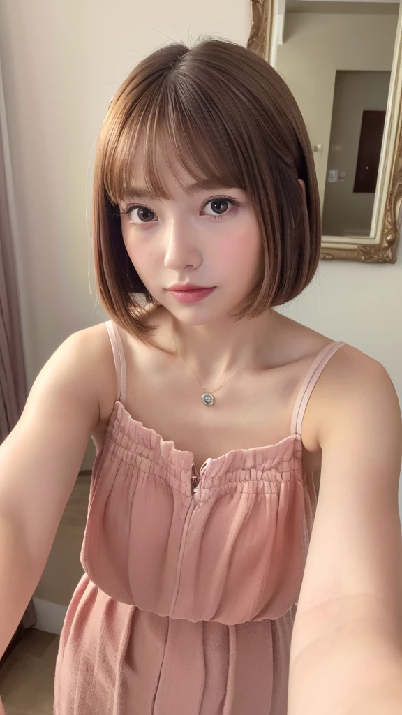 (masterpiece,best quality:1.4),(8k,raw photo,photo realistic:1.2), captures a serene (selfie:1.8), detailed face,detailed eyes,1girl,japanese girl, beautiful face, pink makeup, brown hair, straight hair, bob hair, mirror taking a (selfie:1.5)
