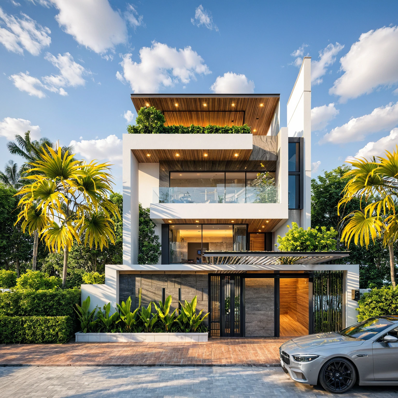 Masterpiece, high quality, best quality, authentic, super detailed, outdoor, aiaigroup, modern 2-storey townhouse style, stairs, white walls combined with conwood, wind encaustic tiles, iron gate, ceiling conwood, flowers, path, summer evening, grass, trees, sky, clouds, (daylight: 1.1)