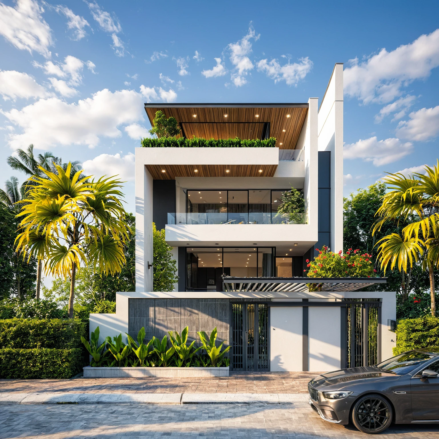 Masterpiece, high quality, best quality, authentic, super detailed, outdoor, aiaigroup, modern 2-storey townhouse style, stairs, white walls combined with conwood, wind encaustic tiles, iron gate, ceiling conwood, flowers, path, summer evening, grass, trees, sky, clouds, (daylight: 1.1)