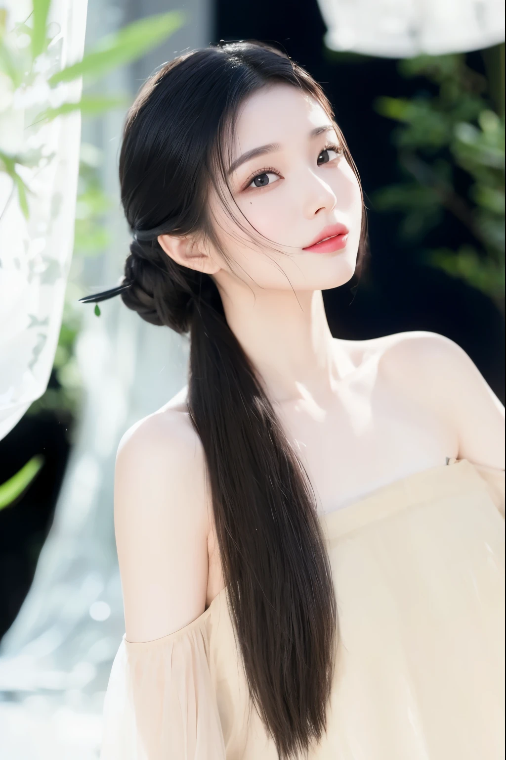 masterpiece,Best quality,Girl with long black hair tied into a side ponytail,Smiling at the camera,Long hair falls on shoulders, Flowing long hair,A girl,20 years old,Exquisite facial features,Chinese Girl,A flowing Hanfu,
Black silk like waterfall