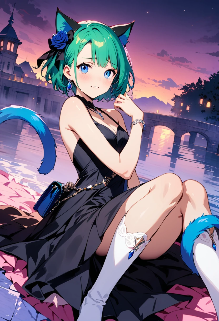 masterpiece, Highest quality, Illustrations for novels, High resolution, 18+ Adult content, Sensual, Intimate, Emotional, Passionate, romantic, sweet, Adorable, Innocent, Pure, Enchanting, Enchantingな, attractive, mysterious, Enchantingな, Enchanting, Immersive, Enchantingな, dream-like, Surreal, Imaginative, Whimsical, Artistic, Avant-garde, timeless, elegant, Sophisticated, chic, Sophisticated, Individuality, original, Enchantingな,One girl,Deltamon_beta, alone, blue eyes, Knee socks, Animal ears, Bare shoulders, Blue Tail, Earrings,Removable sleeves, Green Hair, No sleeve, Cat ear, bag, white Knee socks, Cat's Tail,pink backpack,Pink school bag,Lavender lace: Lavender Peter Pan collar lace dress, Paired with ivory tights and Mary Jane shoes.,Cherry-blossom viewing, azalea, satsuki, azalea blizzard,
rest ((Evening Dress,evening dress,Evening Dresses:1.3)), Crying face))