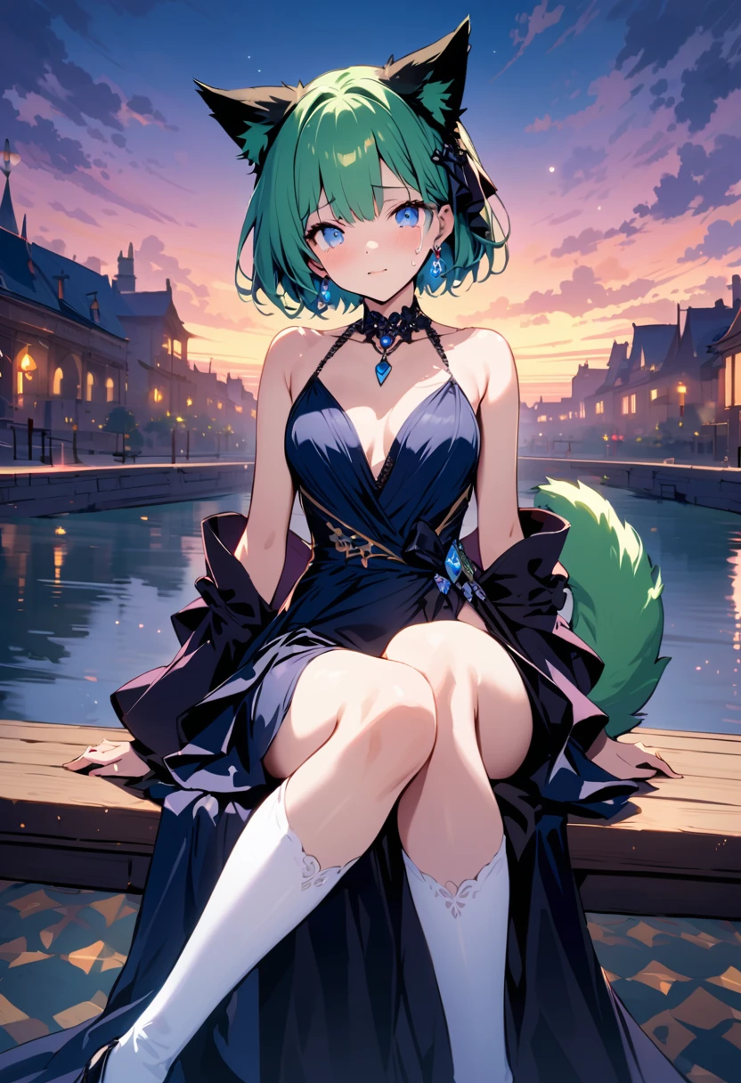 masterpiece, Highest quality, Illustrations for novels, High resolution, 18+ Adult content, Sensual, Intimate, Emotional, Passionate, romantic, sweet, Adorable, Innocent, Pure, Enchanting, Enchantingな, attractive, mysterious, Enchantingな, Enchanting, Immersive, Enchantingな, dream-like, Surreal, Imaginative, Whimsical, Artistic, Avant-garde, timeless, elegant, Sophisticated, chic, Sophisticated, Individuality, original, Enchantingな,One girl,Deltamon_beta, alone, blue eyes, Knee socks, Animal ears, Bare shoulders, Blue Tail, Earrings,Removable sleeves, Green Hair, No sleeve, Cat ear, bag, white Knee socks, Cat&#39;s Tail,pink backpack,Pink school bag,Lavender lace: Lavender Peter Pan collar lace dress, Paired with ivory tights and Mary Jane shoes.,Cherry-blossom viewing, azalea, satsuki, azalea blizzard,
rest ((Evening Dress,evening dress,Evening Dresses:1.3)), Crying face))