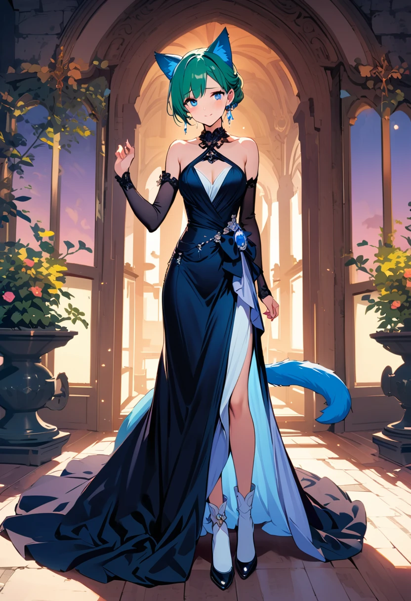 masterpiece, Highest quality, Illustrations for novels, High resolution, 18+ Adult content, Sensual, Intimate, Emotional, Passionate, romantic, sweet, Adorable, Innocent, Pure, Enchanting, Enchantingな, attractive, mysterious, Enchantingな, Enchanting, Immersive, Enchantingな, dream-like, Surreal, Imaginative, Whimsical, Artistic, Avant-garde, timeless, elegant, Sophisticated, chic, Sophisticated, Individuality, original, Enchantingな,One girl,Deltamon_beta, alone, blue eyes, Knee socks, Animal ears, Bare shoulders, Blue Tail, Earrings,Removable sleeves, Green Hair, No sleeve, Cat ear, bag, white Knee socks, Cat's Tail,pink backpack,Pink school bag,Lavender lace: Lavender Peter Pan collar lace dress, Paired with ivory tights and Mary Jane shoes.,Cherry-blossom viewing, azalea, satsuki, azalea blizzard,
rest ((Evening Dress,evening dress,Evening Dresses:1.3)), Crying face))
