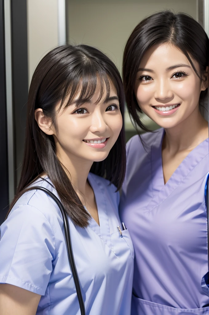 Dental hygienist, only two women　Side by side, smiling, wearing medical scrubs　White, short sleeves, cute, Japanese, black hair, female, late teens　Upper body close-up　high resolution　Highest quality　　Don&#39;t press your face too much　Shortcuts