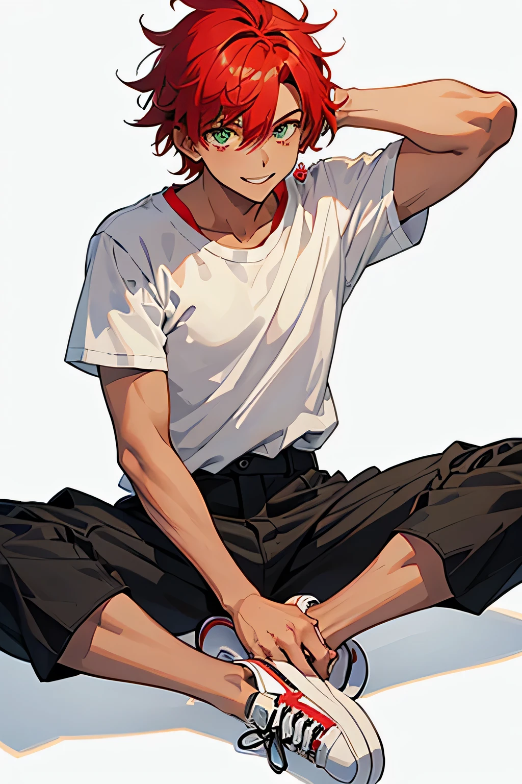 1 boy, anime style photo of suhuu suhas, anime boy with red hair, tanned skin, green eyes, slick back hair, smile expression, doodle background,white t shirt, black shorts, white shoes, full body shot, messy hair, skinny