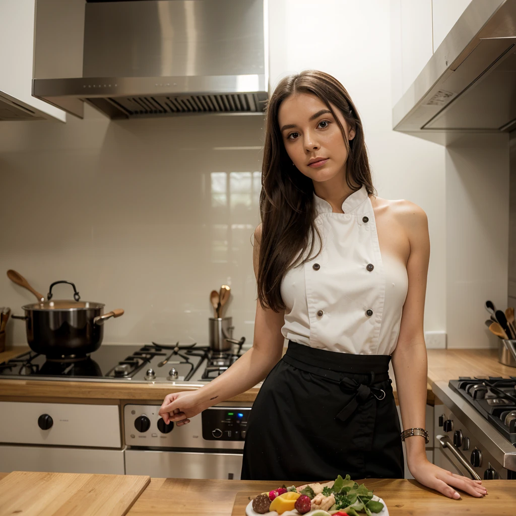 1girl in, 30 years old, Square face, Long hair, Looking at viewer, jewelry, Realistic, Sexy, chef outfit, kitchen background, free pose