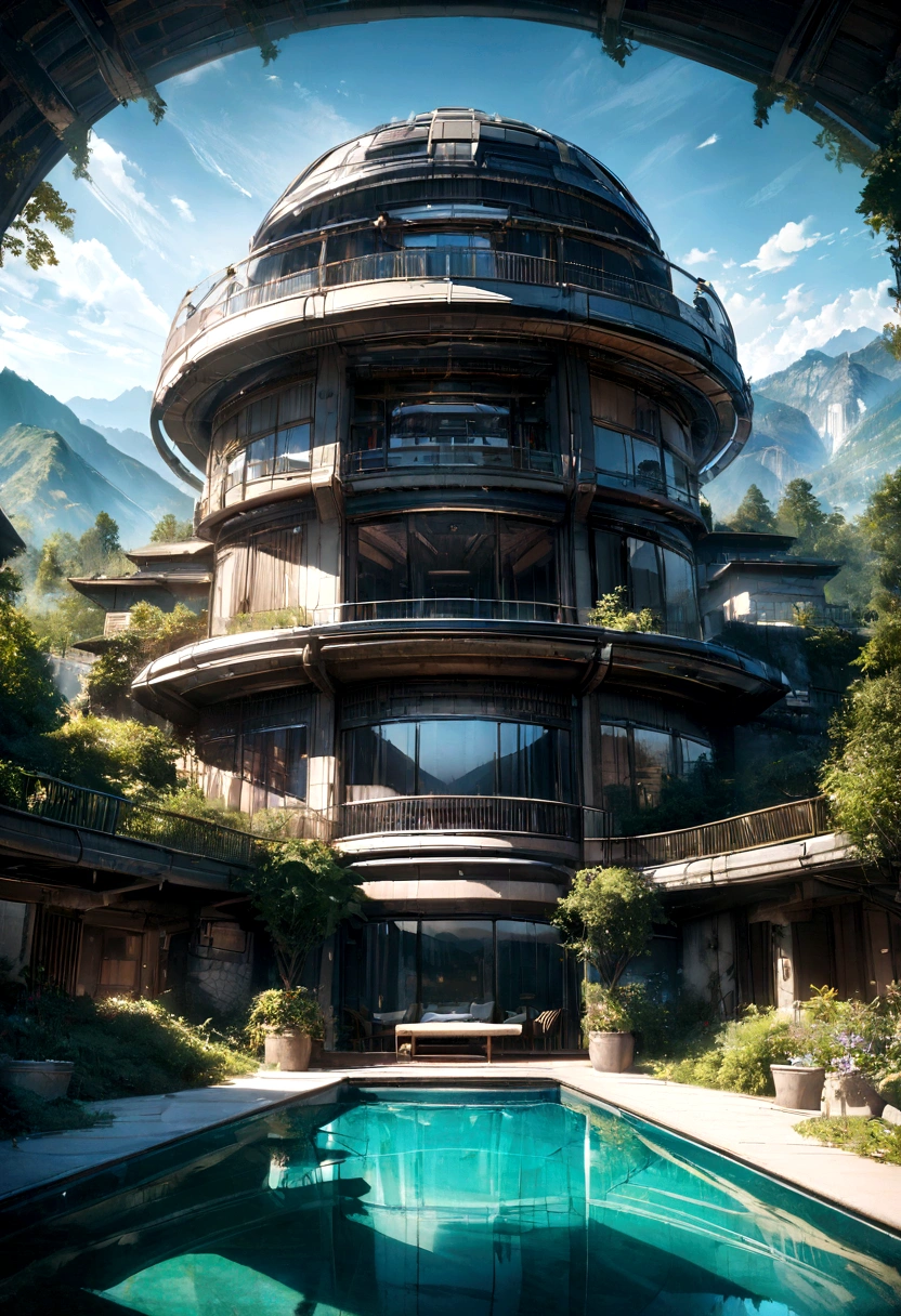 A futuristic house featuring advanced technology, a three-story building facing the mountains and overlooking a lake, with a gigantic pool. The design follows modern architectural style, captured in ultra-high-definition photography. The building is complex with intricate shadowing, high dynamic range, dynamic lighting, photorealistic quality, natural soft light, low H, masterpiece, detailed 8k resolution, with many fine details. It features large floor-to-ceiling glass windows, blending technology and the natural environment, resulting in an ultra-cool appearance.