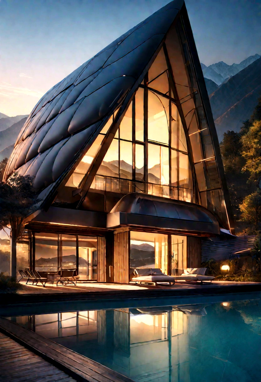 A futuristic house featuring advanced technology, a three-story building facing the mountains and overlooking a lake, with a gigantic pool. The design follows modern architectural style, captured in ultra-high-definition photography. The building is complex with intricate shadowing, high dynamic range, dynamic lighting, photorealistic quality, natural soft light, low H, masterpiece, detailed 8k resolution, with many fine details. It features large floor-to-ceiling glass windows, blending technology and the natural environment, resulting in an ultra-cool appearance.