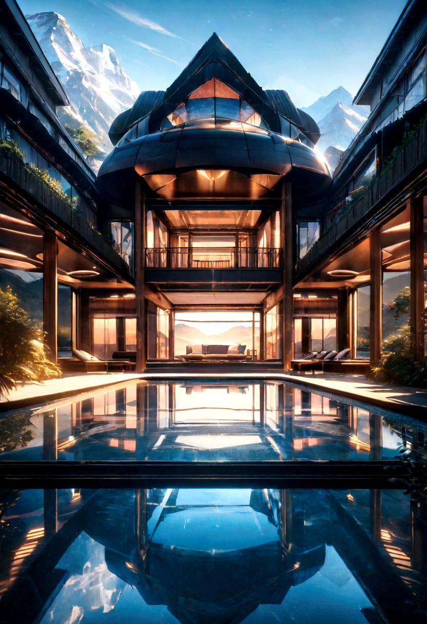 A futuristic house featuring advanced technology, a three-story building facing the mountains and overlooking a lake, with a gigantic pool. The design follows modern architectural style, captured in ultra-high-definition photography. The building is complex with intricate shadowing, high dynamic range, dynamic lighting, photorealistic quality, natural soft light, low H, masterpiece, detailed 8k resolution, with many fine details. It features large floor-to-ceiling glass windows, blending technology and the natural environment, resulting in an ultra-cool appearance.
