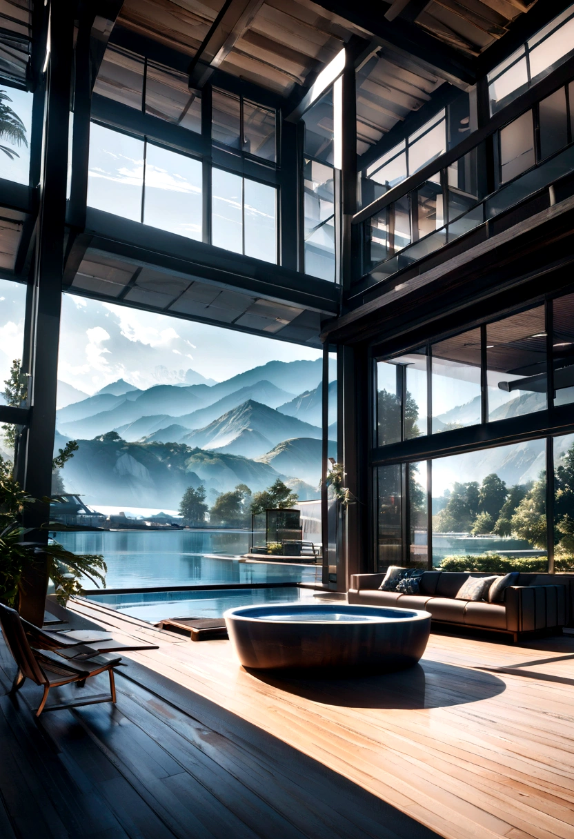 A futuristic house featuring advanced technology, a three-story building facing the mountains and overlooking a lake, with a gigantic pool. The design follows modern architectural style, captured in ultra-high-definition photography. The building is complex with intricate shadowing, high dynamic range, dynamic lighting, photorealistic quality, natural soft light, low H, masterpiece, detailed 8k resolution, with many fine details. It features large floor-to-ceiling glass windows, blending technology and the natural environment, resulting in an ultra-cool appearance.
