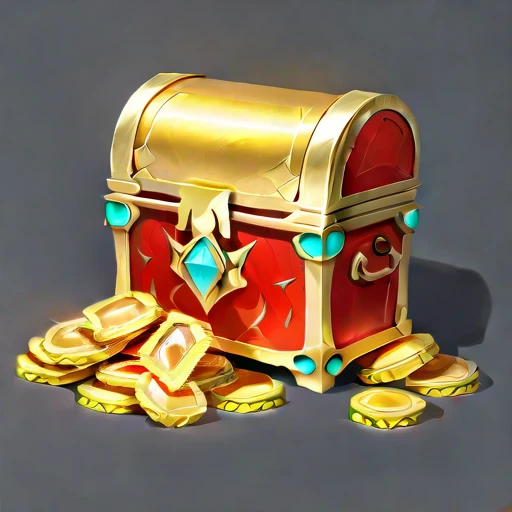 Gorgeous chests，Bronze treasure chest with dragon head，Metallic luster，，Treasure，treasure，A pile of gold coins，Exquisite gemstones，Game Icon，Realism，Diablo concept art.