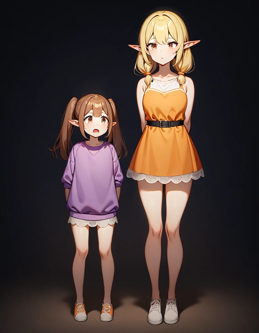 girl, Brown hair, two ponytails in hair, Brown eyes, White T-shirt, orange sundress, Black Belt, Short skirt, white lace at the end of the skirt, White background, full height, 2girl, blonde hair, elf, purple sweatshirt, In the dark, fear,