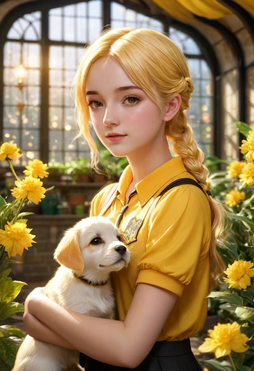 Best quality, masterpiece, Hogwarts student, Hufflepuff, short hair, high twin tails. Short golden blonde twintail hair, serious, very mischievous, cute and bright, with freckles on her face along with her cute puppy in detail. brown eyes A delicate face, beautiful skin, the background is in the Hogwarts greenhouse, soft, mysterious light, soft shadows. Detailed textures, dynamic lighting