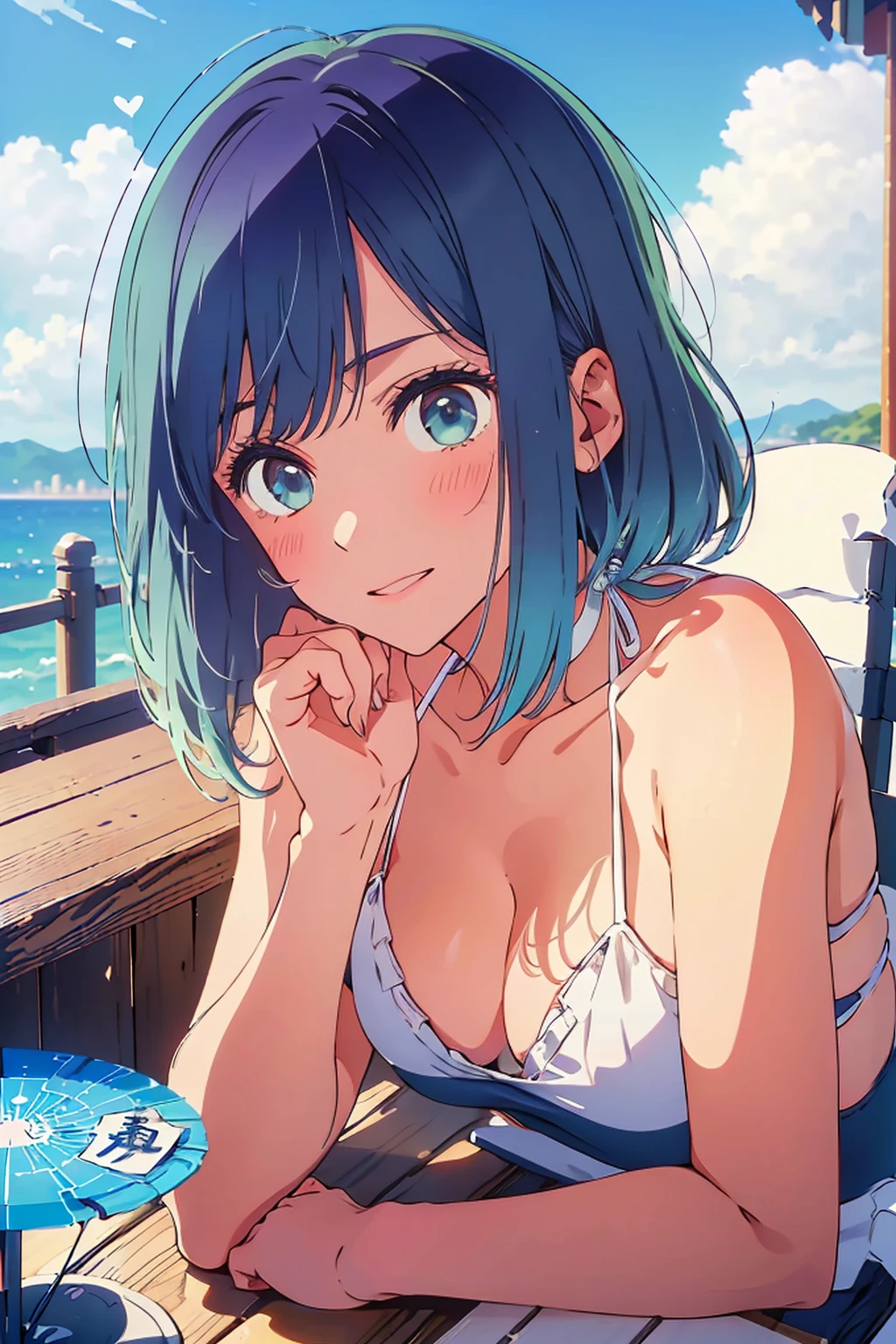 (Highest quality:1.4、8k:1.4、detailed)、F cup bust、Big Breasts、Slim body、Very white beautiful skin、((((1 person、smile、smile、sit、Chair、In the background are the urban buildings of Tokyo、looking at the camera、Outdoor café terrace、coastal、Navy hair color、juice、White side string high leg bikini、Shooting up close、table、Very cute face))))、(Pose of putting hair behind ears with hands:1.4)、Very blue sky、A completely cloudless sky、She tilted her head slightly、The atmosphere is bright and lively、The woman is at the center of the image。