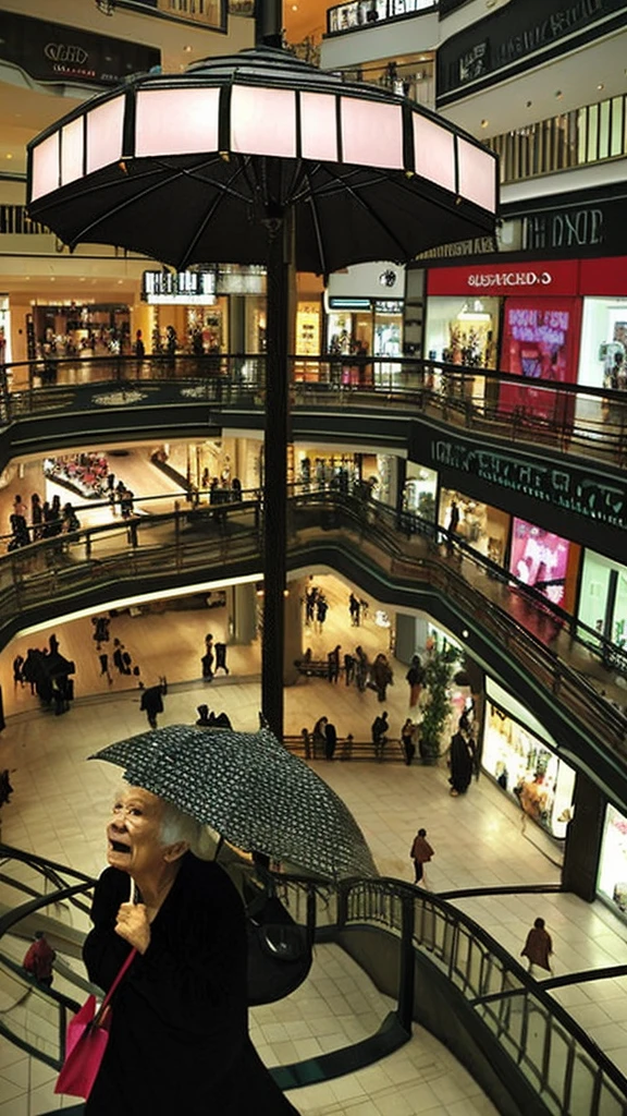 Ugly old woman, ugly, Japanese, black umbrella, indoor, shopping mall