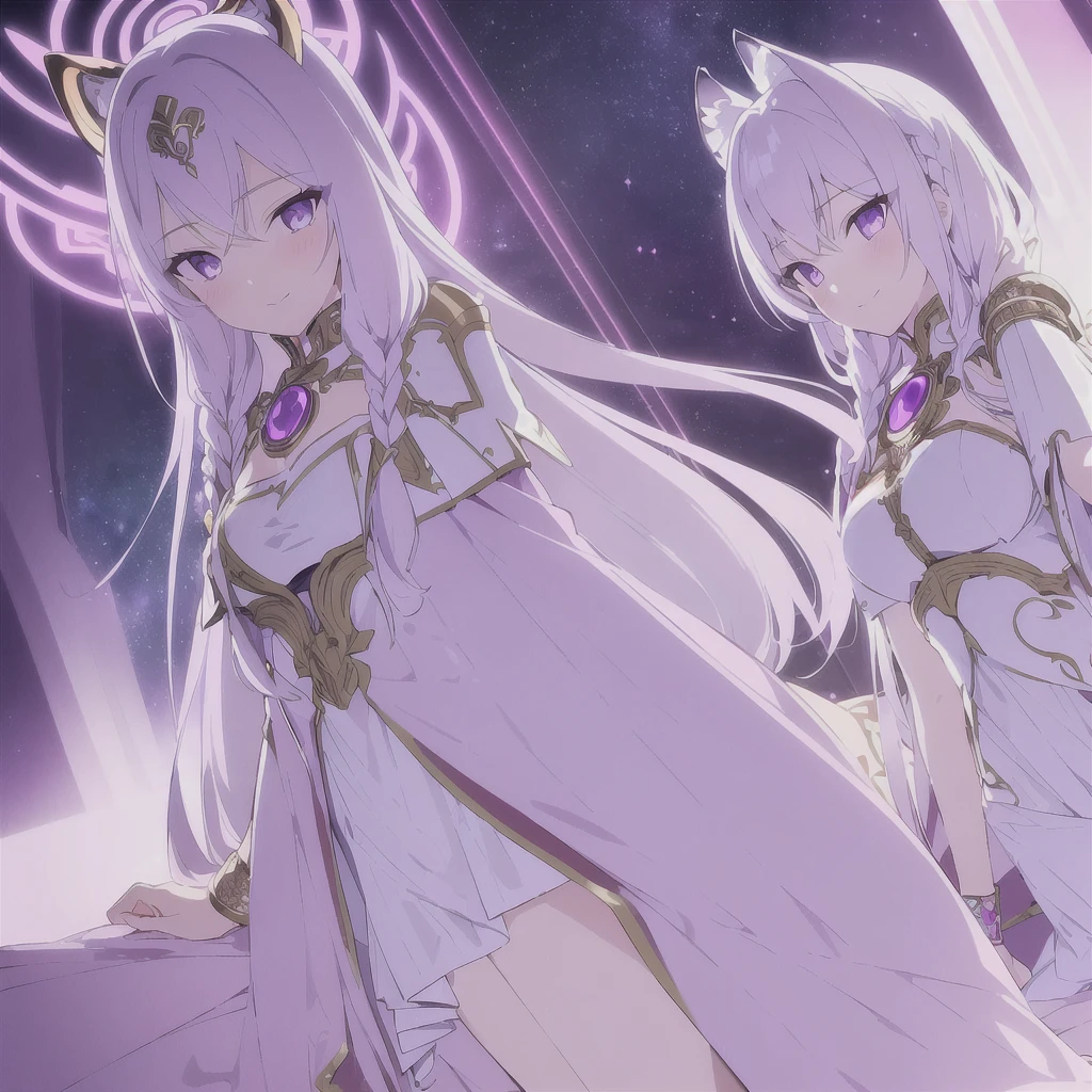 ((masterpiece)), (best quality), (ultra-detailed), photorealistic, (best illustration), ((an extremely delicate and beautiful)), 1girl, solo, long hair, tiger ears, [:tiger tail under:0.2], white hair, two-tone hair, full body, knight armor, crimson glowing details on armor, amulet on neck, Bracelets, crimson crystals in Bracelets, long lilac cape, open eyes, evil purple eyes, looking at viewer, malicious smile, blush, in space, goddess, low twin braids, loosen hair, quiet gesture, white armor, cybernetic armor, hyper detailed space ,best illumination, low mask, mouth covered with mask. 