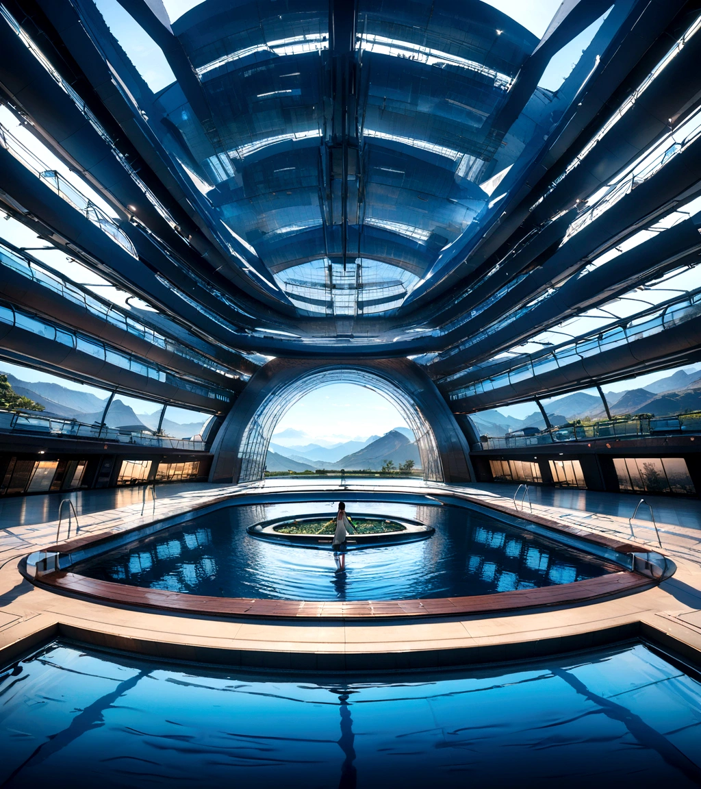 A futuristic house featuring advanced technology, a three-story building facing the mountains and overlooking a lake, with a gigantic pool. The design follows modern architectural style, captured in ultra-high-definition photography. The building is complex with intricate shadowing, high dynamic range, dynamic lighting, photorealistic quality, natural soft light, low H, masterpiece, detailed 8k resolution, with many fine details. It features large floor-to-ceiling glass windows, blending technology and the natural environment, resulting in an ultra-cool appearance.