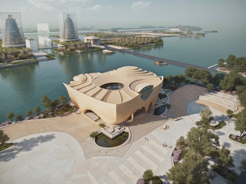 Aerial view of a building with a round roof and a body of water, Photos from 2022, inspired by Zha Shibiao, by Zha Shibiao, Beautiful rendering of the Tang Dynasty, Architectural Rendering, Architectural Visualization, Oktane rendering, Futuristic Persian Palace, Concept Art. Eight thousand, Architectural Rendering, Award-winning rendering