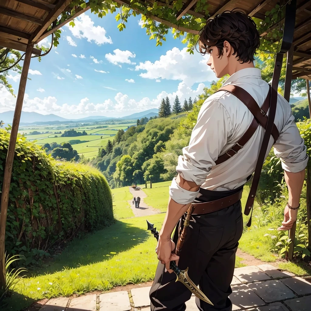 stands brown curly hair boy holding dagger with white medieval farmer outfit
BREAK
Behind him, a green forest stretches out and beyond that, ruined kingdom in the distance.