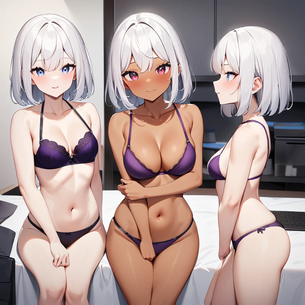 nafw,(2 girls),duo,breast,absurdres,best quality,very aesthetic,absurdres,bra,(light silver White hair),Thighs,(purple bra),(straight-on),legs,(officeready:1),(tan),(topless),(Attractive face:1.3),masterpiece,best quality,very aesthetic,absurdres 