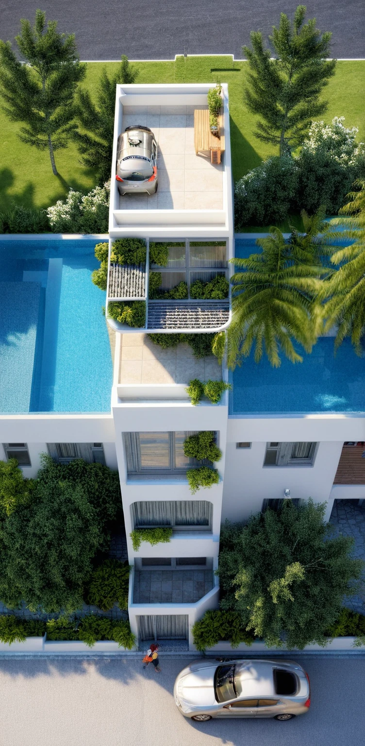modern villa, modern style, exterior design, perspective view, white wall, (block sidewalks and asphalt roads), (next door neighbor's house), (sun light sky background), Low trees around the house, overall peaceful atmosphere cinematic photo, (Neutral lighting is suitable for the modern villa, light color thermometer sun light 5500 KEVIN), (architectural design visualization), (reflection), (focus on object), (material normal bump real reflection), (scattered light), (light ray), (multi-beam light), (sunbeam) (multi-level reflection), (chao vantge software visualization render),(((Best Quality))), ((Masterpiece)), ((best illustration)), ((best shadows)), ((Super Detail)), (Intricate lines), (Photorealism),(hyper detail), ((archdaily)), ((award winning design)), (dynamic light), ((day)), (perfect light), (shimering light), ((photorealistic)), ((intricate detail)), ((extreme detail)), ((science)), ((hyper-detail)), ((super detail)), ((super reality)), ((crazy detail)), ((octane render)), ((Cinematic)), ((trending on artstation)), ((High-fidelity)), ((Viwvid)), ((Crisp)), ((Bright)), ((Stunning)), ((Eye-catching)), ((High-quality)),((Sharp))((Bright)), ((Stunning)), Natural, ((Eye-catching)), ((Illuminating)), ((Flawless)), ((High-quality)),((Sharp edge render)), ((medium soft lighting)), ((photographic render)), ((detailed archviz)), Sunlight shines into the house, reality environment, spring setting, tropical style space, Aluminum gates, balcony doors, modern townhouse design windows