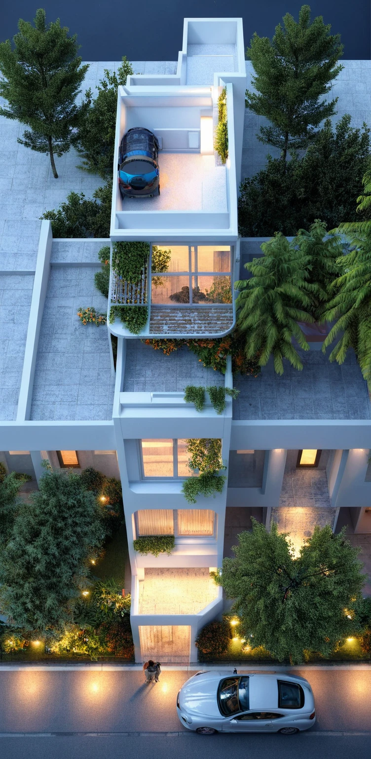 modern villa, modern style, exterior design, perspective view, white wall, (block sidewalks and asphalt roads), (next door neighbor's house), (sun light sky background), Low trees around the house, overall peaceful atmosphere cinematic photo, (Neutral lighting is suitable for the modern villa, light color thermometer sun light 5500 KEVIN), (architectural design visualization), (reflection), (focus on object), (material normal bump real reflection), (scattered light), (light ray), (multi-beam light), (sunbeam) (multi-level reflection), (chao vantge software visualization render),(((Best Quality))), ((Masterpiece)), ((best illustration)), ((best shadows)), ((Super Detail)), (Intricate lines), (Photorealism),(hyper detail), ((archdaily)), ((award winning design)), (dynamic light), ((day)), (perfect light), (shimering light), ((photorealistic)), ((intricate detail)), ((extreme detail)), ((science)), ((hyper-detail)), ((super detail)), ((super reality)), ((crazy detail)), ((octane render)), ((Cinematic)), ((trending on artstation)), ((High-fidelity)), ((Viwvid)), ((Crisp)), ((Bright)), ((Stunning)), ((Eye-catching)), ((High-quality)),((Sharp))((Bright)), ((Stunning)), Natural, ((Eye-catching)), ((Illuminating)), ((Flawless)), ((High-quality)),((Sharp edge render)), ((medium soft lighting)), ((photographic render)), ((detailed archviz)), Sunlight shines into the house, reality environment, spring setting, tropical style space, Aluminum gates, balcony doors, modern townhouse design windows