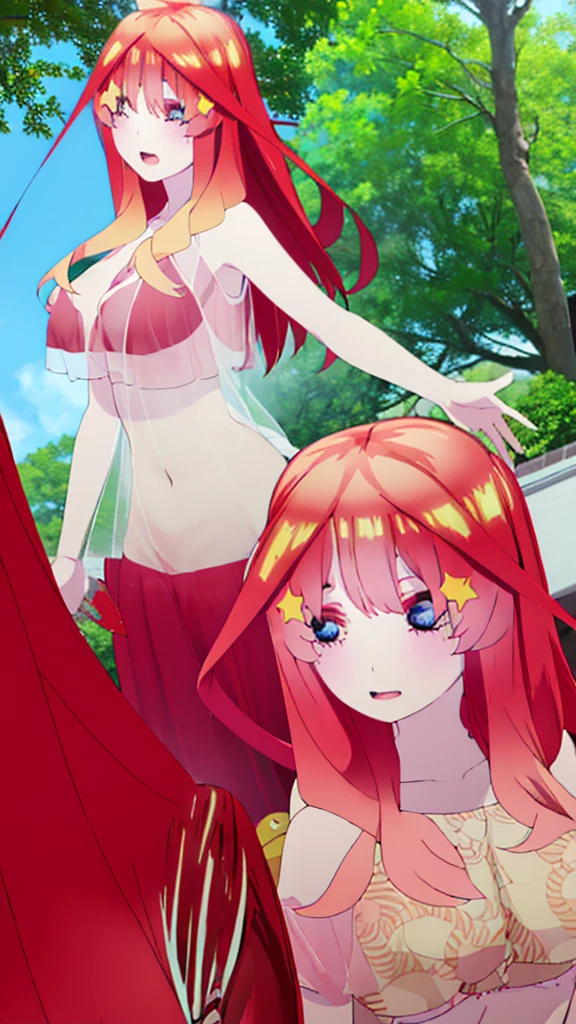((Highest quality))((High resolution))nakano itsuki, Red long hair, Star hair ornament, Ahoge, bikini, smile, Big Breasts, Beach,((see through bikini)),((erect nipples))
