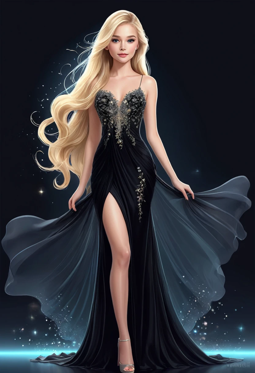   Vector graphic design of cute pretty girl with long blonde hair and perfect anatomy. Her exquisite, gorgeous and charming black evening dress, Ethereal and dreamy.,mitigate,High resolution details,best quality,

           Master of ultra-detailed animation art and visual effects&#39;s works art station, Conceptual artwork anatomy correct detailed sharp focus illustration, artwork