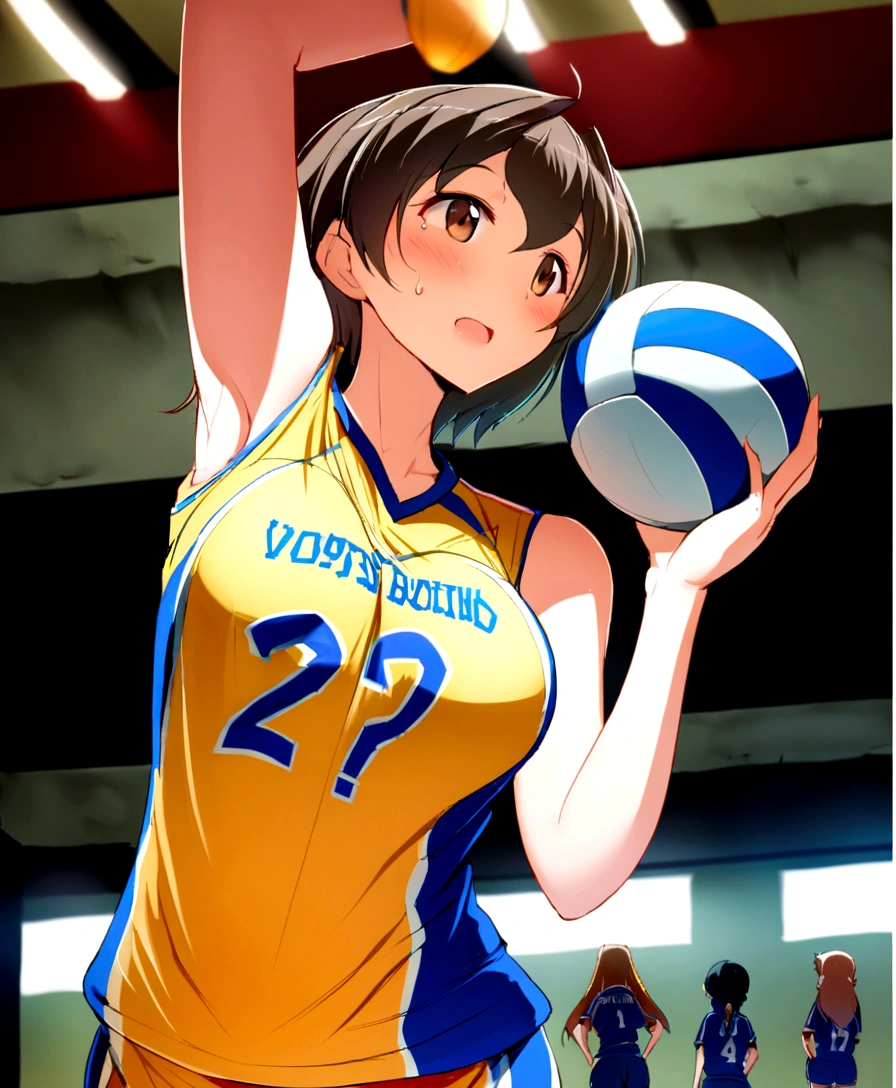 araffe woman holding a volleyball ball in a gym, wearing a volleyball jersey, mayuri shiina, volleyball, It's bittersweet, kimi takemura, Chiho ashima, Yoshitomo Nara, erika ikuta, Chiho, For whom?, lower angle, cute