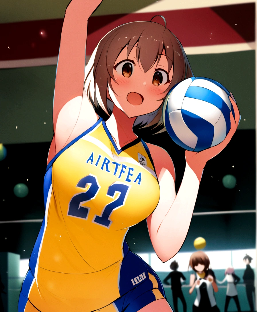 araffe woman holding a volleyball ball in a gym, wearing a volleyball jersey, mayuri shiina, volleyball, It's bittersweet, kimi takemura, Chiho ashima, Yoshitomo Nara, erika ikuta, Chiho, For whom?, lower angle, cute