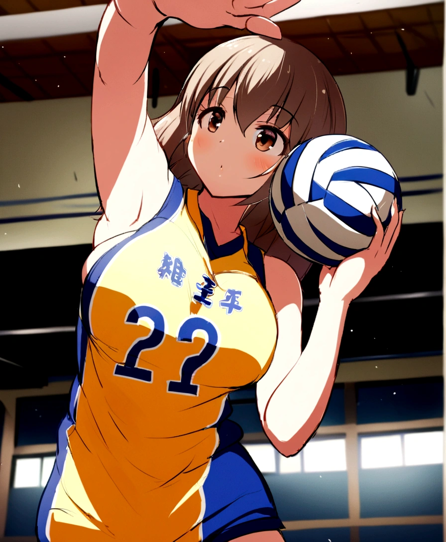 araffe woman holding a volleyball ball in a gym, wearing a volleyball jersey, mayuri shiina, volleyball, It's bittersweet, kimi takemura, Chiho ashima, Yoshitomo Nara, erika ikuta, Chiho, For whom?, lower angle, cute