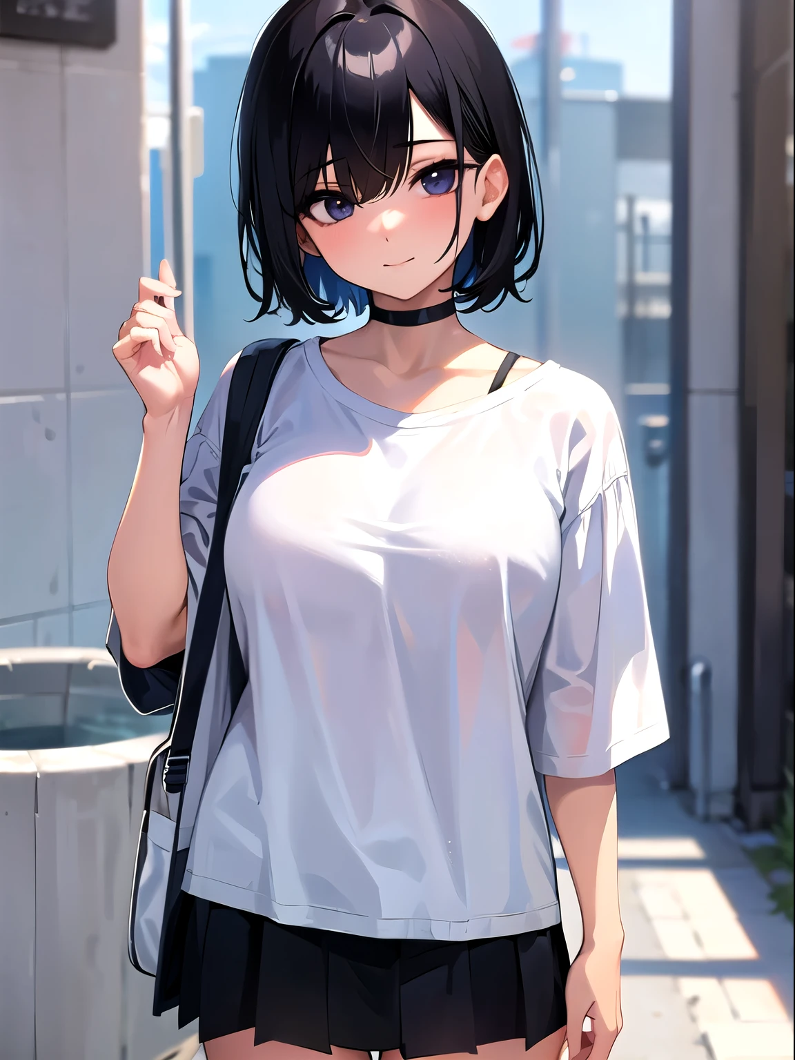 high school girl, Oversized white T-shirt,short hair, Bangs covering one eye, Droopy eyes,choker