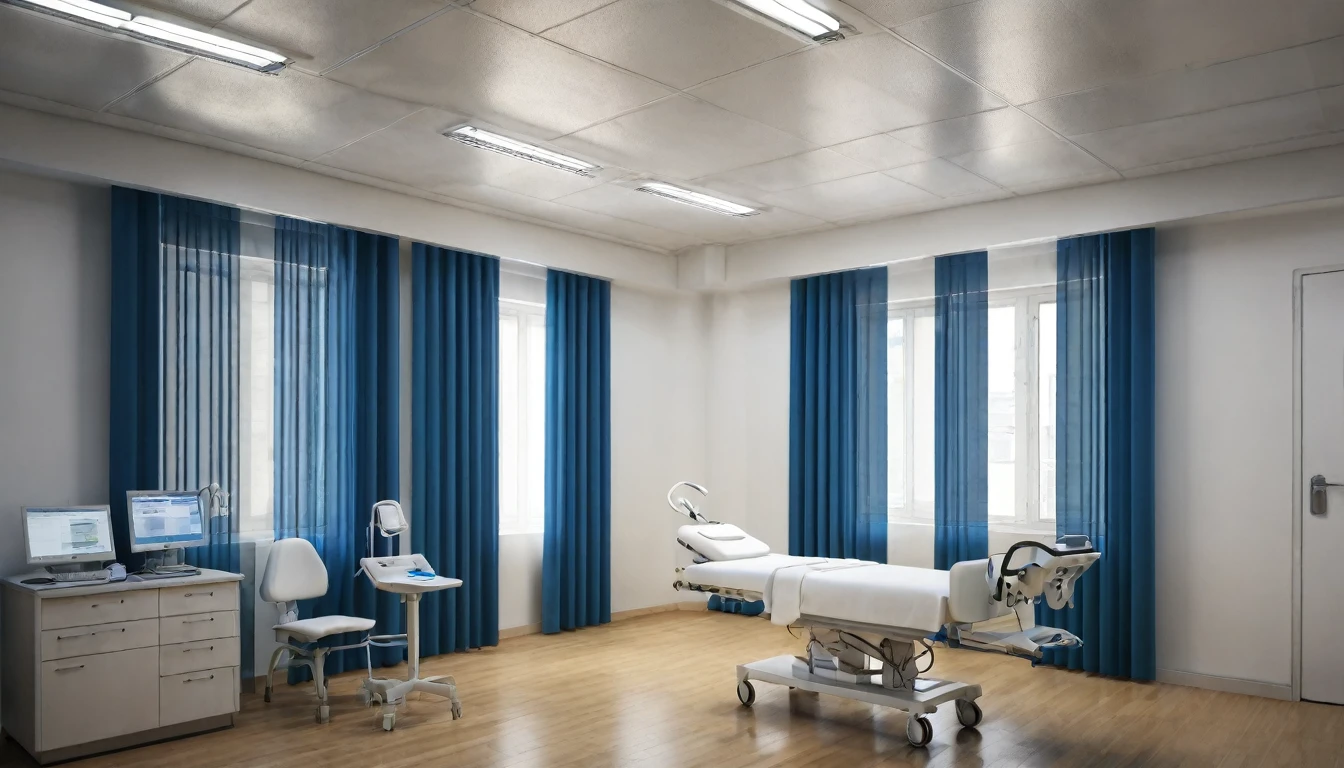 background image,blue curtains,small hospital room,examination room,white walls,clean,chair,doctor's desk