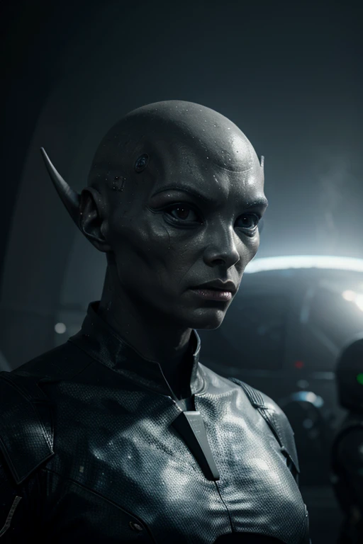 alien race, grey alien, dangerous, mystic, dark, sci-fi, hightech, ccurate, atmospheric perspective, 8k, super detail, best quality, high details, super detail, highres, masterpiece