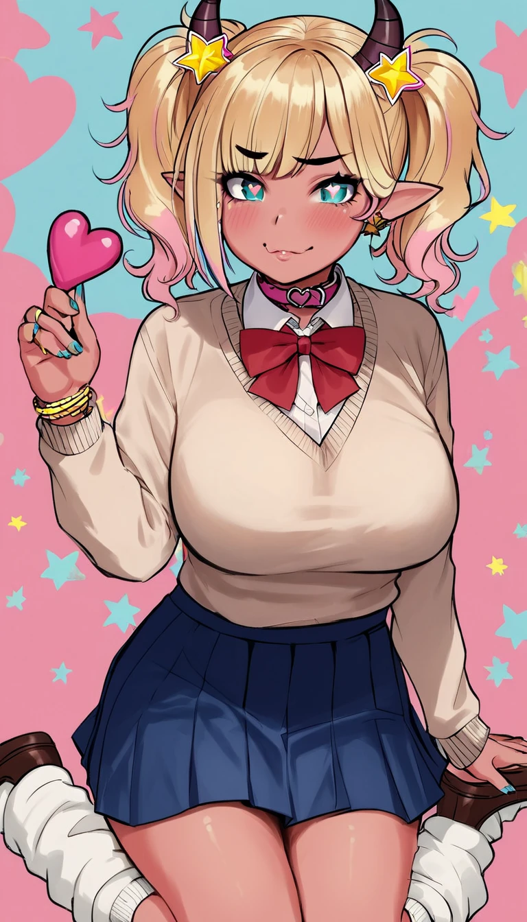 1girl, pink skin, blonde hair, messy pigtails, medium hair, heart hair accessories, black eyebrows, beige sweater, (((gyaru))), cyan eyes, (star pupils), elf ears, ((pink fluffy axolotl horns)), blue short skirt, red bow ribbon, white collar shirt, loose clothing, large loose socks, gyaru socks, brown flats,
Score_9,Score_8,score_7_up,source_anime, rating_questionable, 
