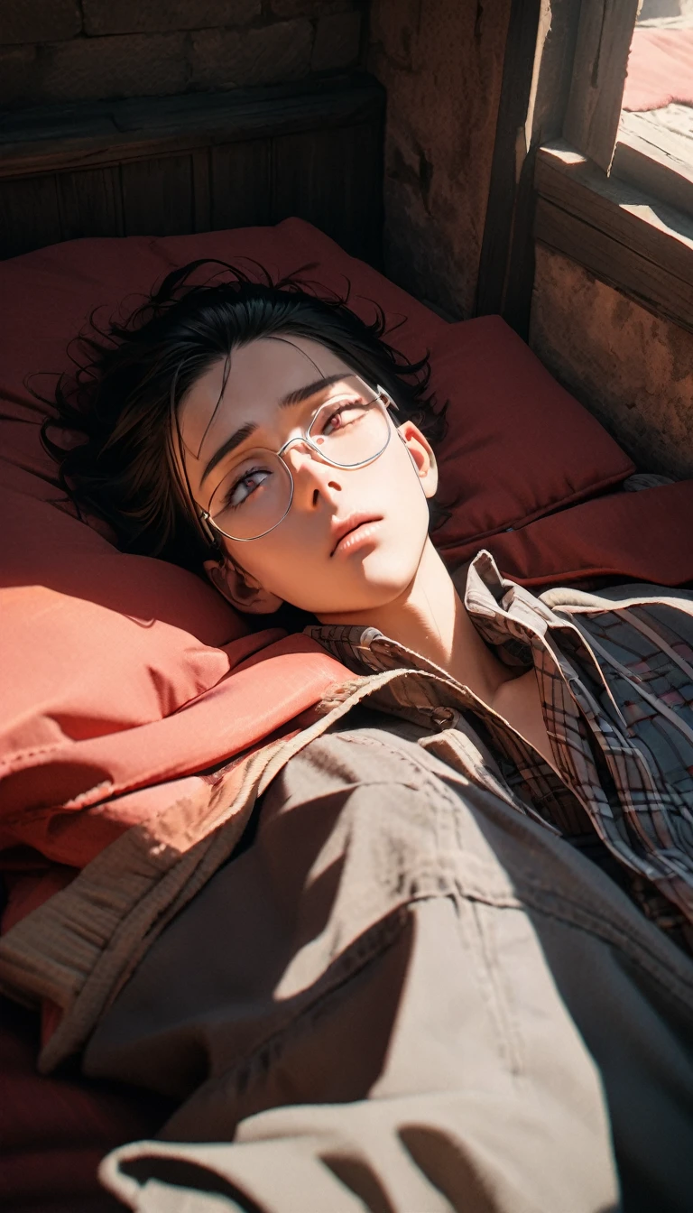 (8K,RAW photos,best quality,masterpiece:1.4),(((Lay flat,Man sleeping in bed))),Ultra-high resolution,Extremely detailed,light,Handsome man,Brown eyes,(delicate eyes,Eyes are bright:1.2),Black hair,Plaid shirt,Dark casual pants with white sneakers,A badge is hung around his neck,(perfect anatomy:1.2),High-quality shadows,Natural Lighting,(The light crimson sky:1.2),night,(Silver thin-rimmed glasses:1.2),(Painful expression:1.2),(Medieval room:1.2),