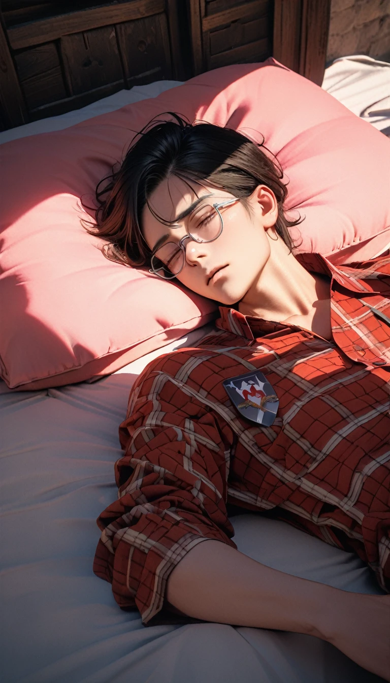 (8K,RAW photos,best quality,masterpiece:1.4),(((Lay flat,Man sleeping in bed))),Ultra-high resolution,Extremely detailed,light,Handsome man,Brown eyes,(delicate eyes,Eyes are bright:1.2),Black hair,Plaid shirt,Dark casual pants with white sneakers,A badge is hung around his neck,(perfect anatomy:1.2),High-quality shadows,Natural Lighting,(The light crimson sky:1.2),night,(Silver thin-rimmed glasses:1.2),(Painful expression:1.2),(Medieval room:1.2),